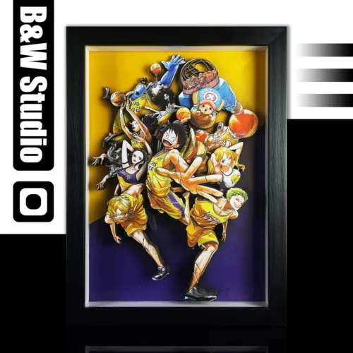 "Dynamic Straw Hat Pirates in Lakers jerseys leap from this vibrant 3D layered One Piece Lakers crossover painting, showcasing exclusive B&W Studio."