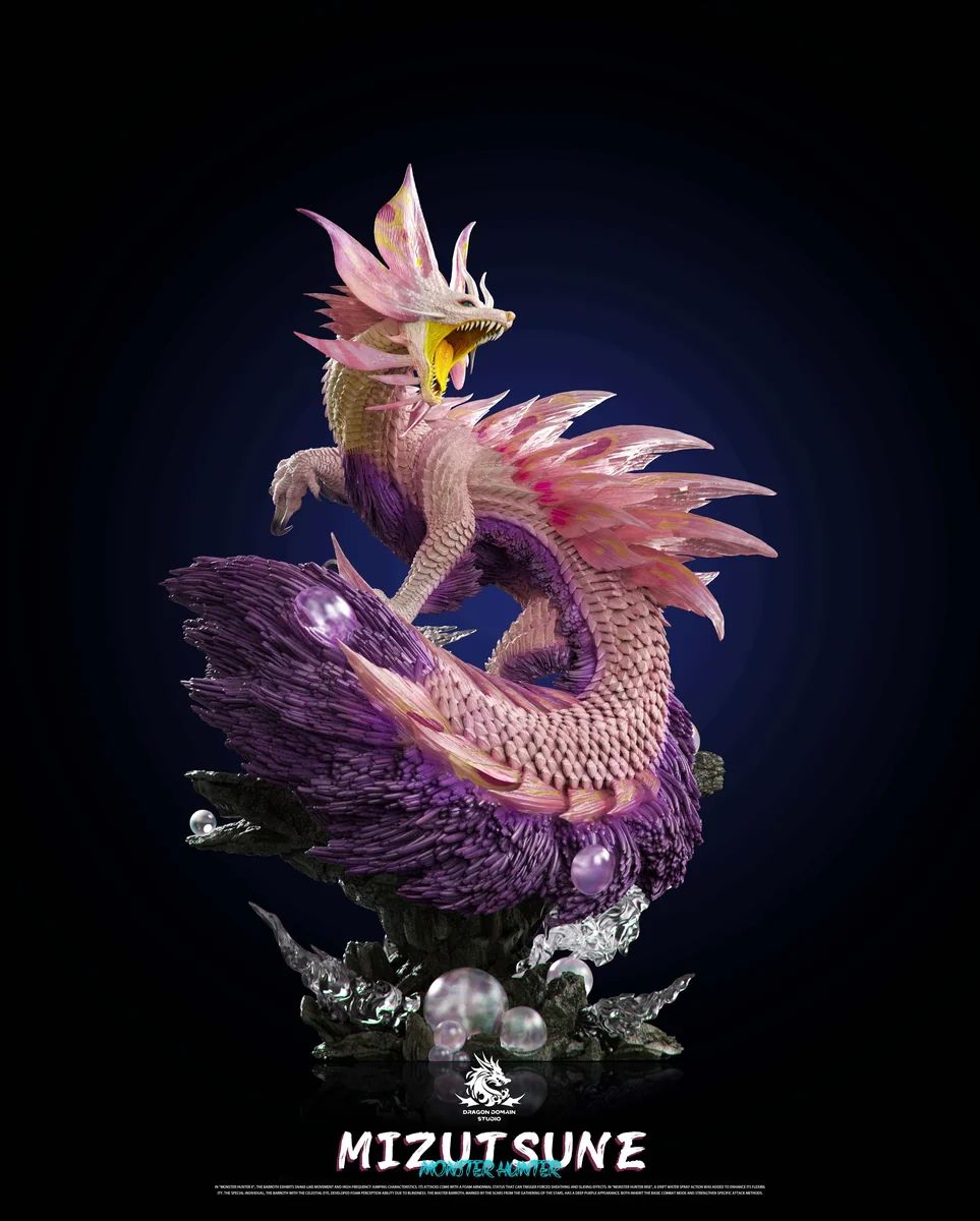 "Multiple angles of the limited edition, high-detail Monster Hunter Mizutsune resin statue by Dragon Realm Studio, showcasing its dynamic pose."