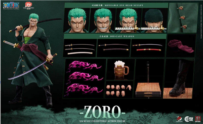 "Gallery: 1/6 Roronoa Zoro Figure (One Piece). Platinum silicone articulation, intricate sculpt, dynamic multi-angle poses."