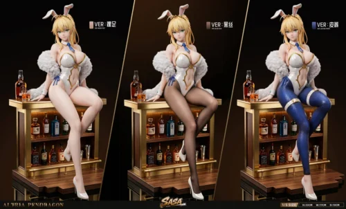"Stunning 1/5 Artoria Bunny Girl Fate/Stay Night resin statue by sasa Studio, featuring elegant attire, fur stole, black stockings, and illuminated LED."