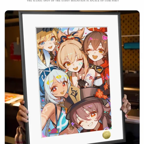 "Vibrant gallery views of the charming Genshin Impact fan art decorative painting, showcasing adorable characters in playful selfie poses."