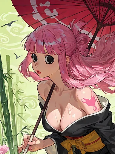 "Detailed view of the premium framed One Piece Perona painting, emphasizing its unique artistic style, vibrant Japanese motifs, and the ornate frame's."