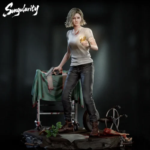 "Detailed view of the 1/4 Singularity Studio Resident Evil Grace resin statue, highlighting its dark, realistic sculpt and interactive LED light-up."