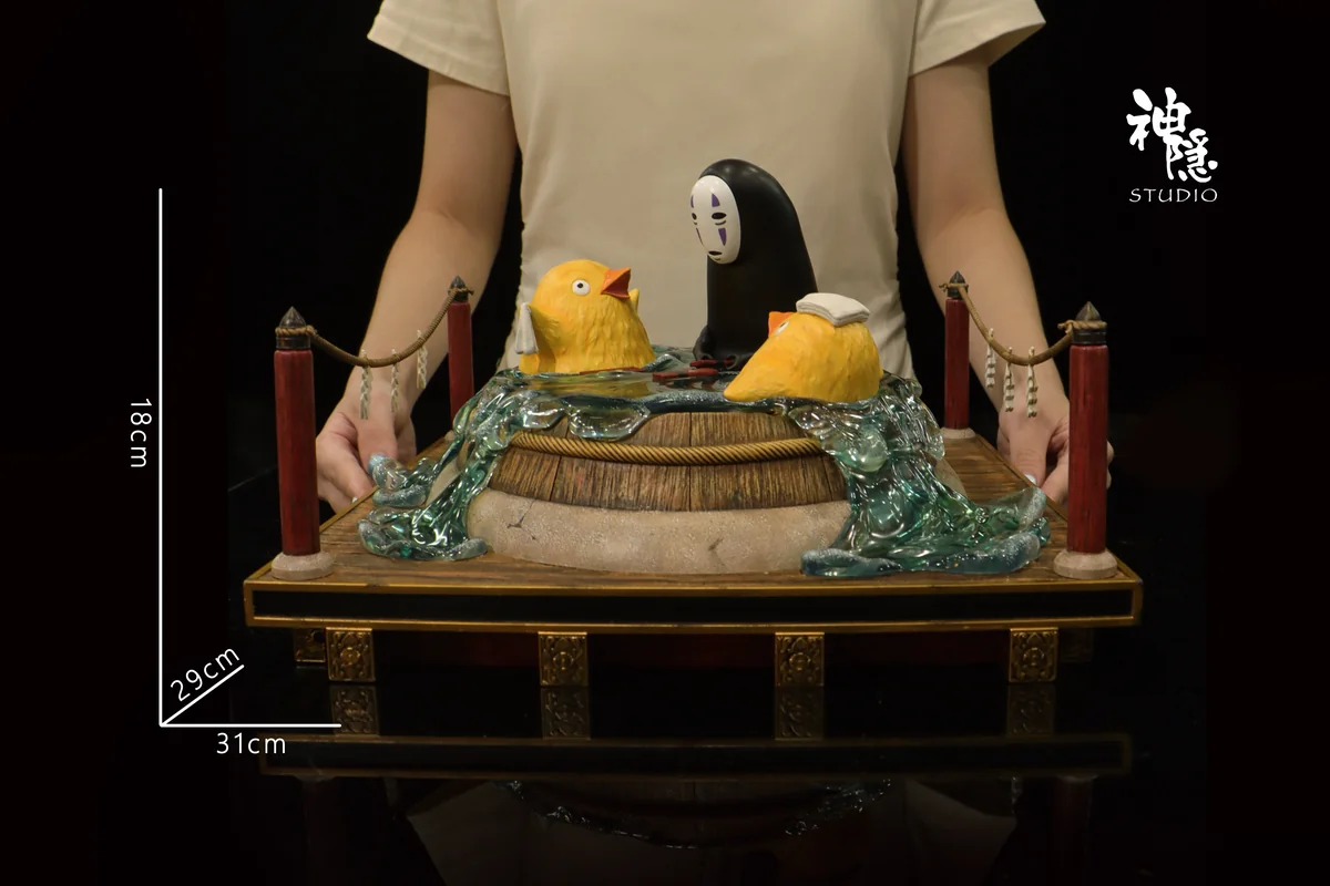 "Serene No-Face and Radish Spirit bathing peacefully in a detailed Spirited Away bathhouse diorama resin statue, showcasing intricate sculpture."