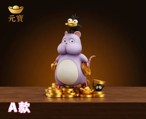 "Auspicious Treasure Rat Baby resin statue. Charming, chubby, smiling rat with wealth symbols, premium quality, seen from all angles."