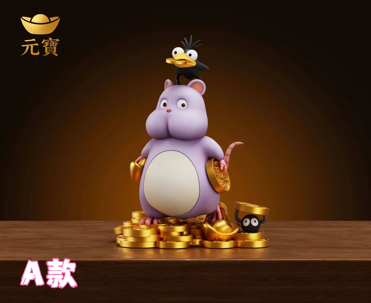 "Auspicious Treasure Rat Baby resin statue. Charming, chubby, smiling rat with wealth symbols, premium quality, seen from all angles."