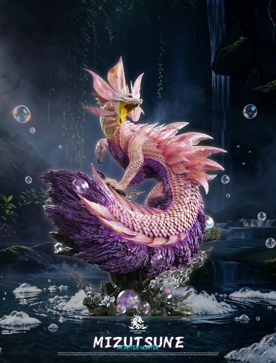 "Dynamic, vibrant Monster Hunter Mizutsune figure, a high-detail limited edition resin statue from Dragon Realm Studio, capturing the majestic bubble."