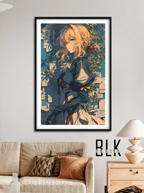 "Gallery of Violet Evergarden Baroque painting. Detailed views of elegant artwork and premium frame, highlighting rich aesthetics and artistic collect."