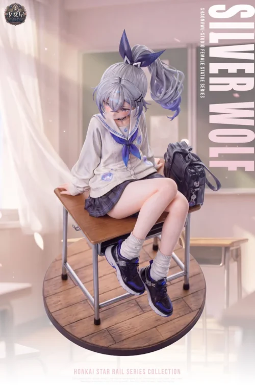 "Multiple angles of the ultra-limited Silver Wolf "Campus Daily Life" Honkai: Star Rail statue, showcasing intricate sculpted details and her unique."