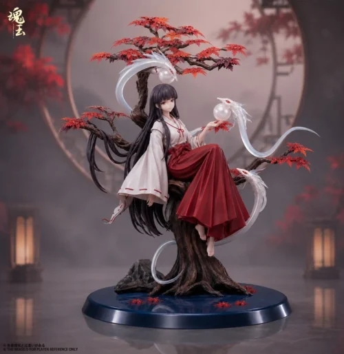 "Stunning 1/7 Inuyasha Kikyo figure, priestess gracefully posed within an intricate spiritual tree base, surrounded by ethereal dead souls."