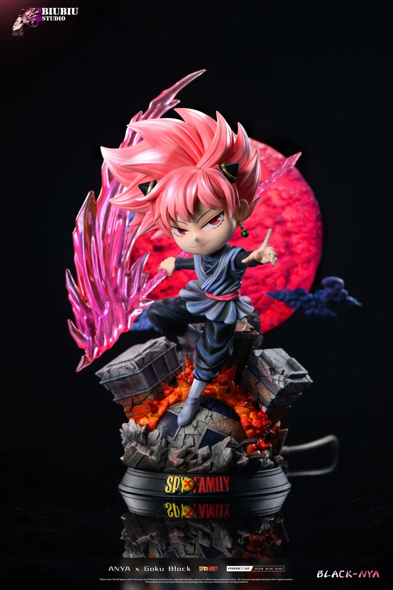 "Dynamic 1/6 Anya Forger Super Saiyan Rose resin statue, exclusive Spy x Family Dragon Ball crossover, highlighting playful details and powerful LED."