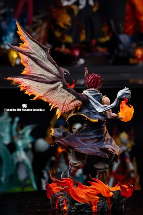 "Premium 1/6 Natsu Dragon Form Fairy Tail statue gallery, showing dynamic pose, fiery LED effects, and intricate sculpt details from multiple angles."