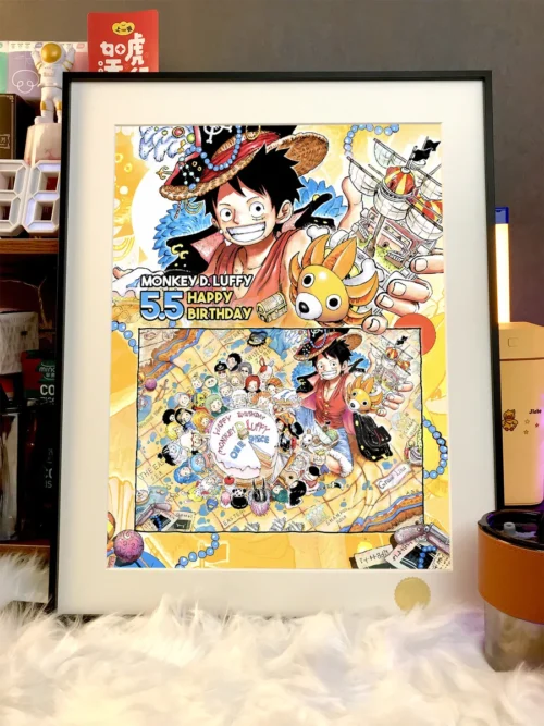 "Hand-numbered, ultra-limited One Piece Luffy Starry Sky art. Vibrant cosmic scene, Luffy's birthday celebration, multiple angles."