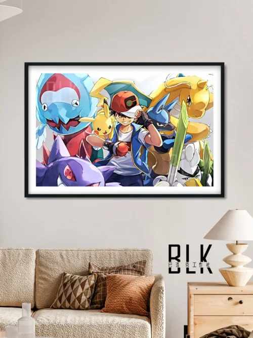 "Detailed gallery views of the premium Ash Ketchum Champion Art decorative painting, showcasing vibrant artwork and ornate Baroque frame sculptural."