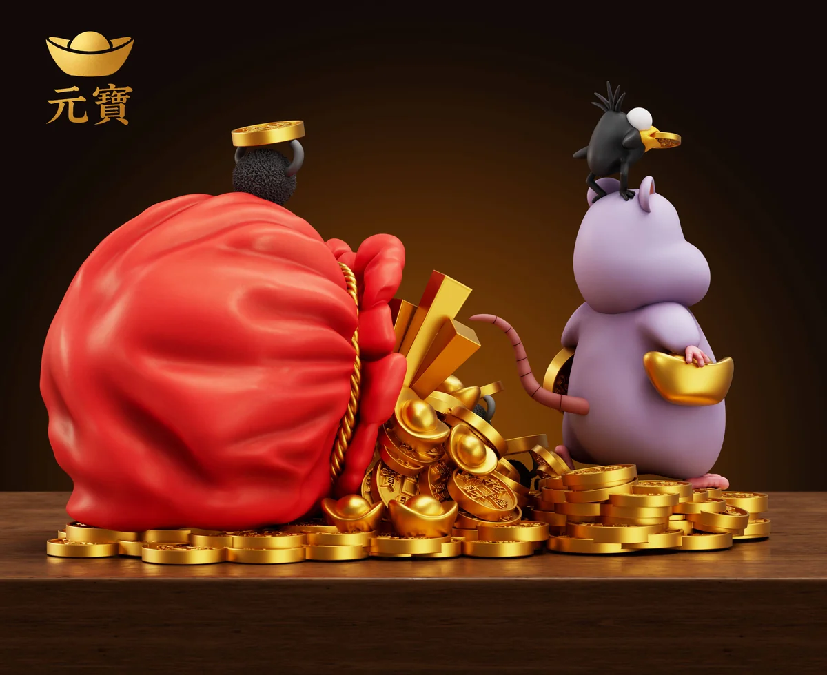 "Auspicious Treasure Rat Baby B-variant resin statue, featuring a chubby smiling rat holding a traditional gold yuanbao, exuding playful charm."