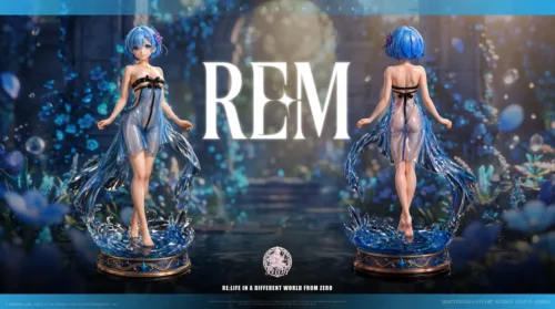 "Detailed views of the exquisite 1/6 Blue Gauze Rem resin statue, highlighting its limited edition craftsmanship, graceful pose, and delicate sculpt."
