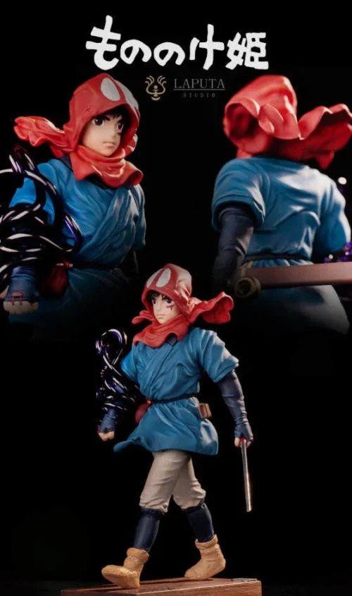 "Multiple artistic angles of the premium Ashitaka Princess Mononoke resin art statue, highlighting its minimalist Ghibli design and natural wood base."