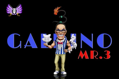 "Playful, detailed Mr.3 Garbino One Piece statue in an eccentric action poe, unleashing his wax powers on a minimalist base. A must-have collectible."