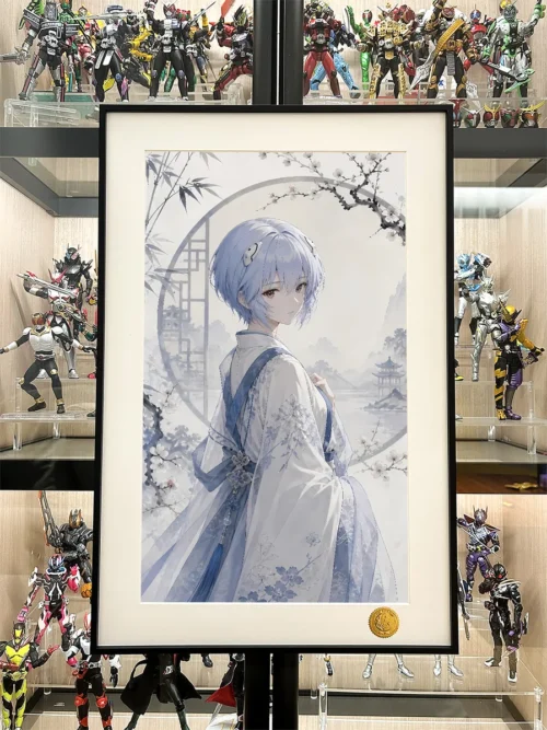 "Limited Edition Chinese Style Ayanami Rei Art Print. Details show her elegant dress, serene pose, and celestial starry backdrop. Artistic Neon Genesis."