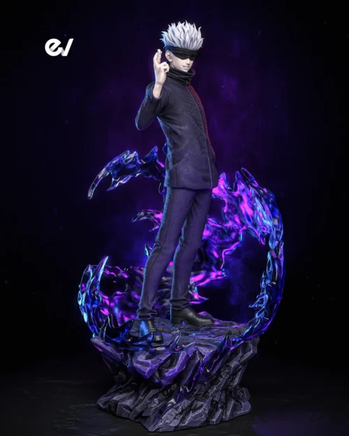 "Gojo Satoru Jujutsu Kaisen EV Studio limited edition resin statue. Dynamic poses, translucent effects, and dual head sculpts are detailed."