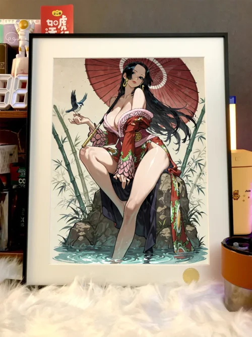 "Limited edition Boa Hancock art print, Xingkong Studio. Japanese attire against a starry night, with intricate details shown from all angles."