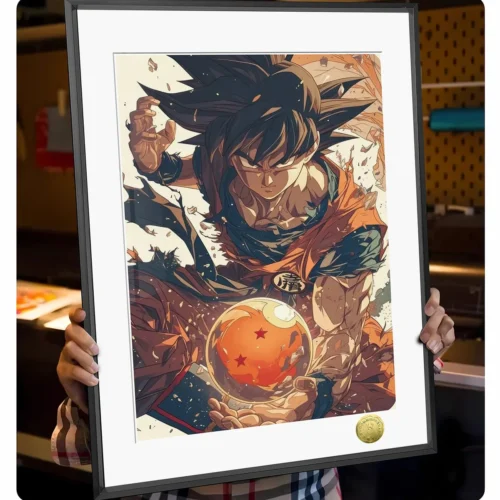 "Gallery of the premium framed Dragon Ball Goku art. Highlights dynamic Super Saiyan power, limited edition hand-numbered details, and exquisite craft."