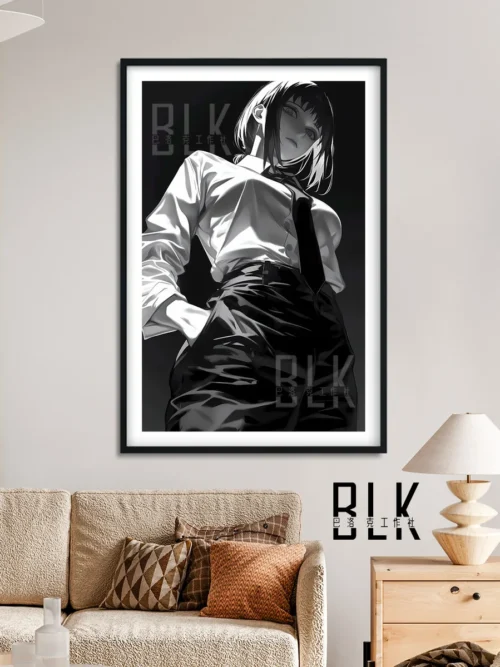 "Premium framed Chainsaw Man Makima baroque decorative painting, showcasing intricate dark fantasy art details and the ornate frame."