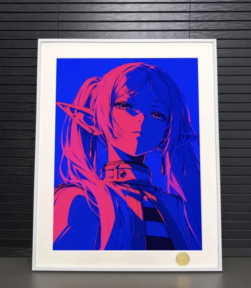 "Dynamic angle of the premium framed Cyber Frieren artwork, highlighting the intricate details of its cyberpunk reimagining and vibrant futuristic."
