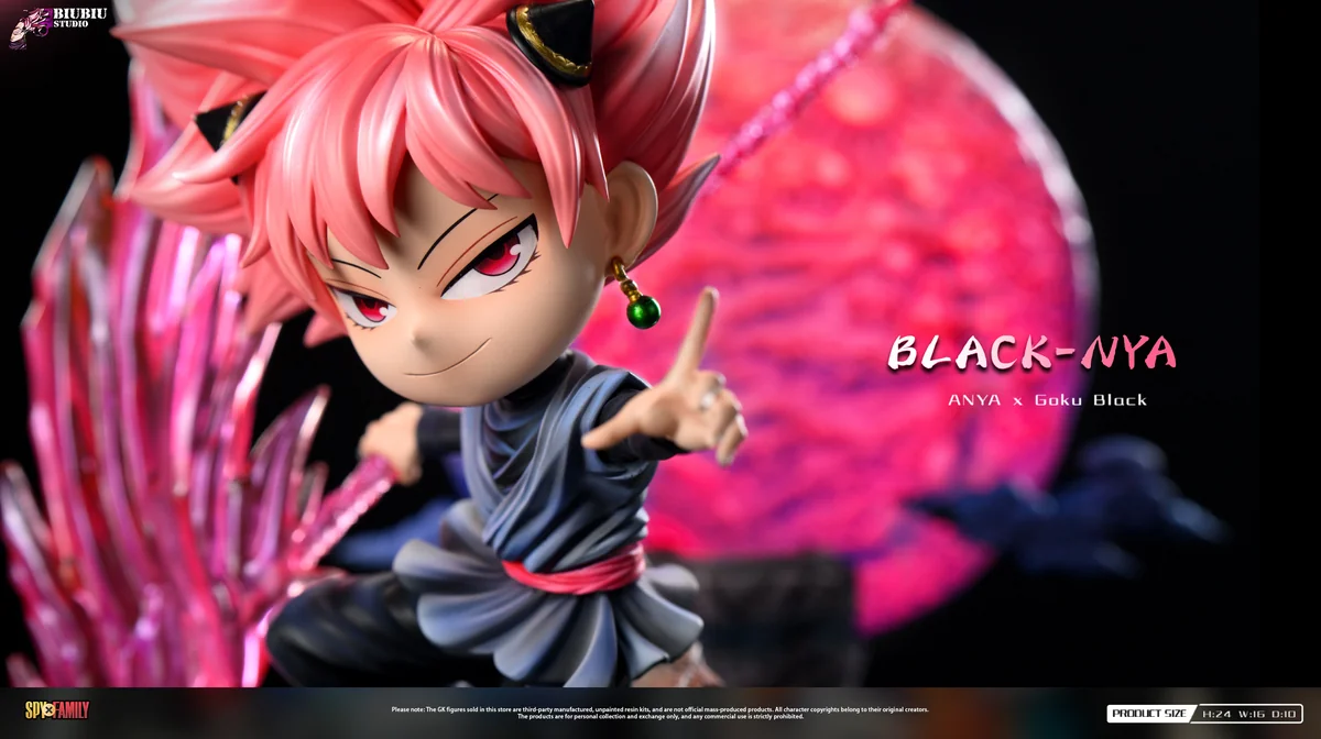 "Dynamic Black Anya Forger variant in Super Saiyan Rose form, a playful yet powerful Spy x Family and Dragon Ball crossover resin statue radiating."