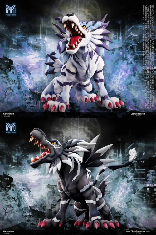 "Dynamic limited edition Garurumon Digimon resin statue, aggressively posed with ice-elemental effects, highlighting premium craftsmanship and collect."