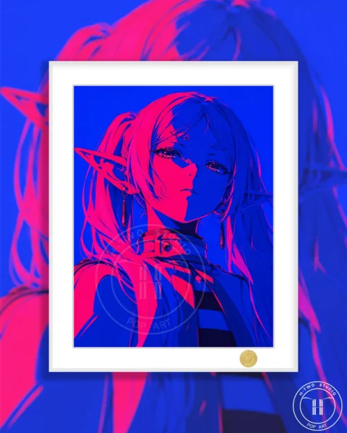 "Stunning Frieren Cyberpunk Art decorative painting. This limited edition premium framed artwork showcases a vibrant, detailed futuristic Frieren."