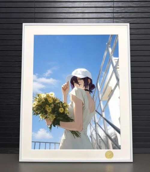"Premium limited Chainsaw Man Reze Summer art print from H-TWO Studio. Gallery views highlight vibrant anime details and beach background."