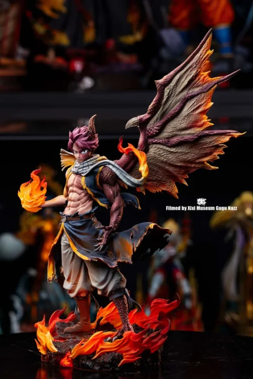 "Premium 1/6 Natsu Dragon Form Fairy Tail statue. Dynamic fiery transformation, battle pose, stunning LED effects, and intricate details."