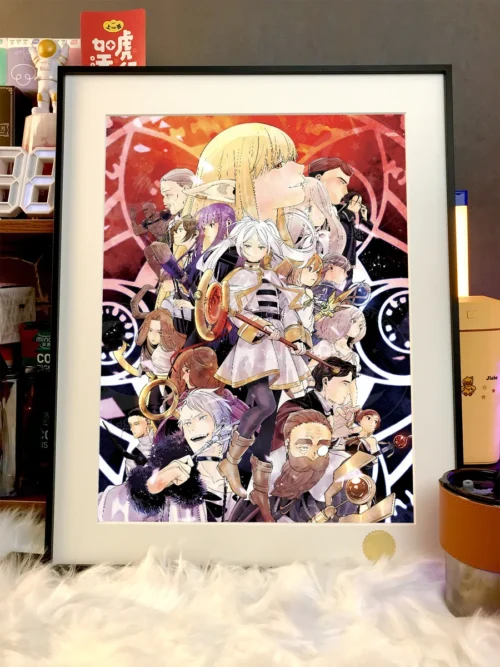 "Close-up view of the collector-grade Starry Sky Frieren full cast art print, highlighting intricate painterly textures and ethereal character express."