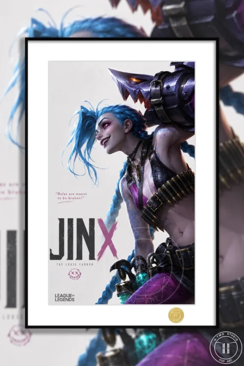 "Limited Edition Jinx Collector's Art Print from League of Legends: Arcane, featuring vibrant, dynamic artwork in a sleek, modern framed presentation."