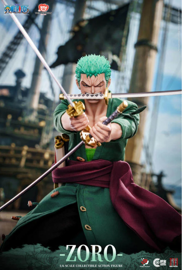 "Premium 1/6 Roronoa Zoro Platinum Silicone Articulated Figure. Dynamic battle poses and intricate details from all angles."