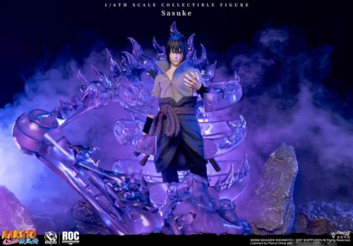 "Ultimate poseable 1/6 Sasuke Uchiha figure. Rockettoys Naruto Shippuden collectible, displaying intense ninja abilities and evolving eye powers."