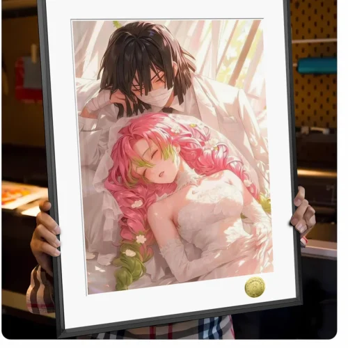 "Close-up views of the limited edition Demon Slayer wedding art print, showcasing the romantic newlywed Obanai and Mitsuri in vibrant anime detail."
