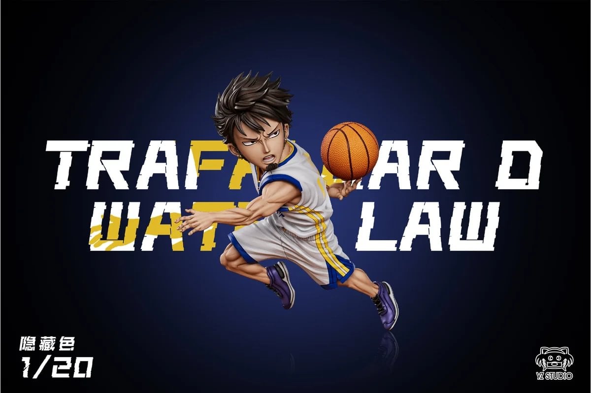 "Trafalgar Law Warriors Crossover collectible. YZ Studio's dynamic statue gallery highlights playful sports uniform, intricate sculpt from all angles."