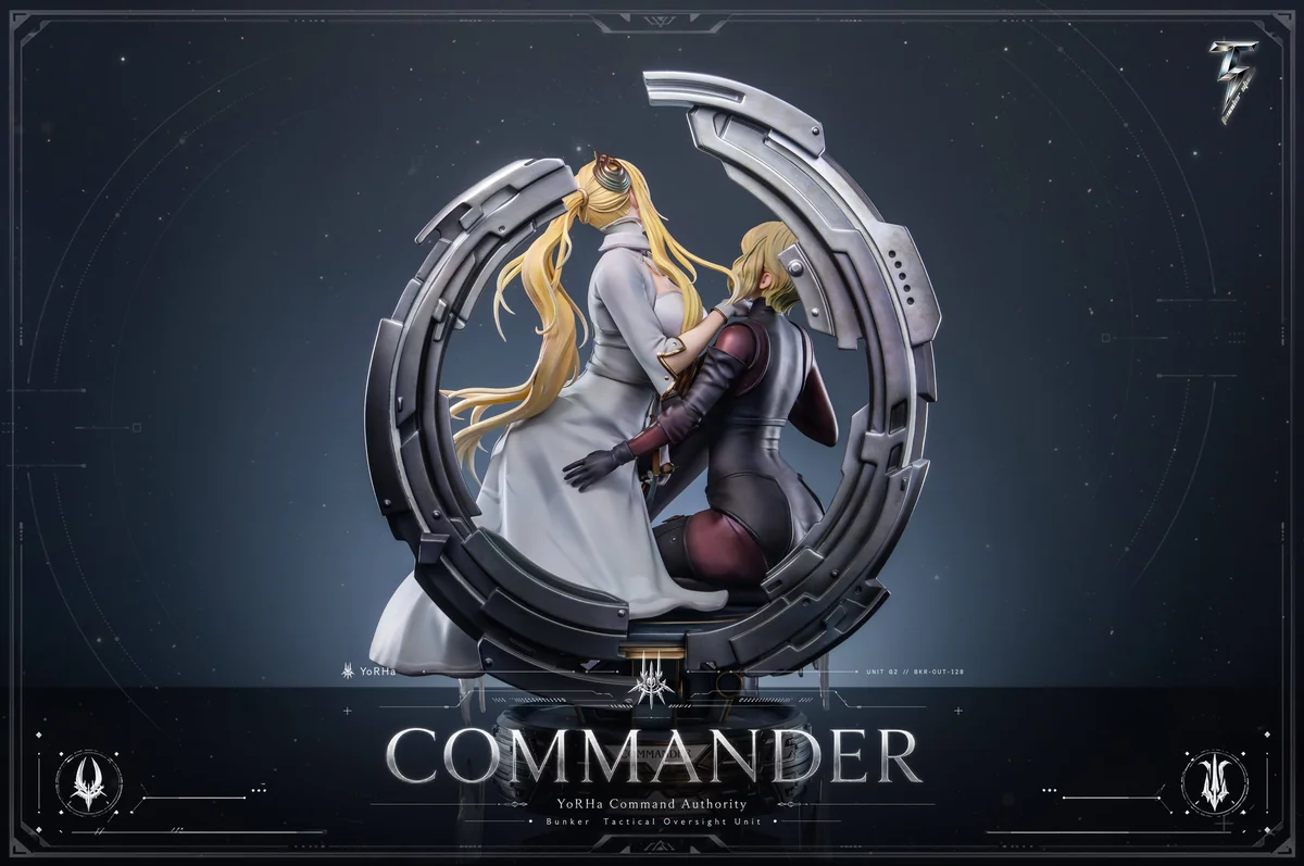 "Premium limited edition 1/4 scale NieR Automata Commander & Attendant resin statue, a dynamic high-end dual figure set with intricate sci-fi detail."