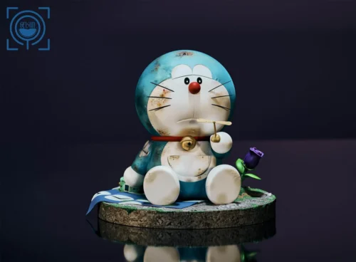 "Exclusive GEISHA Studio Doraemon collectible statue (88 units). Captures its melancholic expression, muted tones, and craftsmanship, evoking quiet."