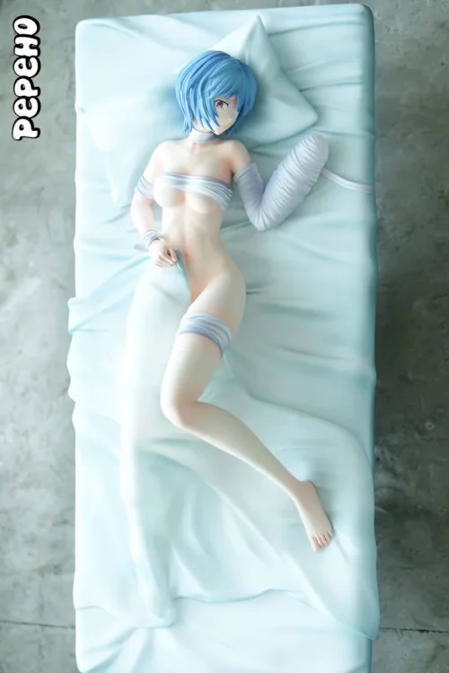 "Iconic Ayanami Rei Bedridden 1/6 resin statue by Pepeho Studio, capturing her melancholic pose in a hospital bed with versatile magnetic display."