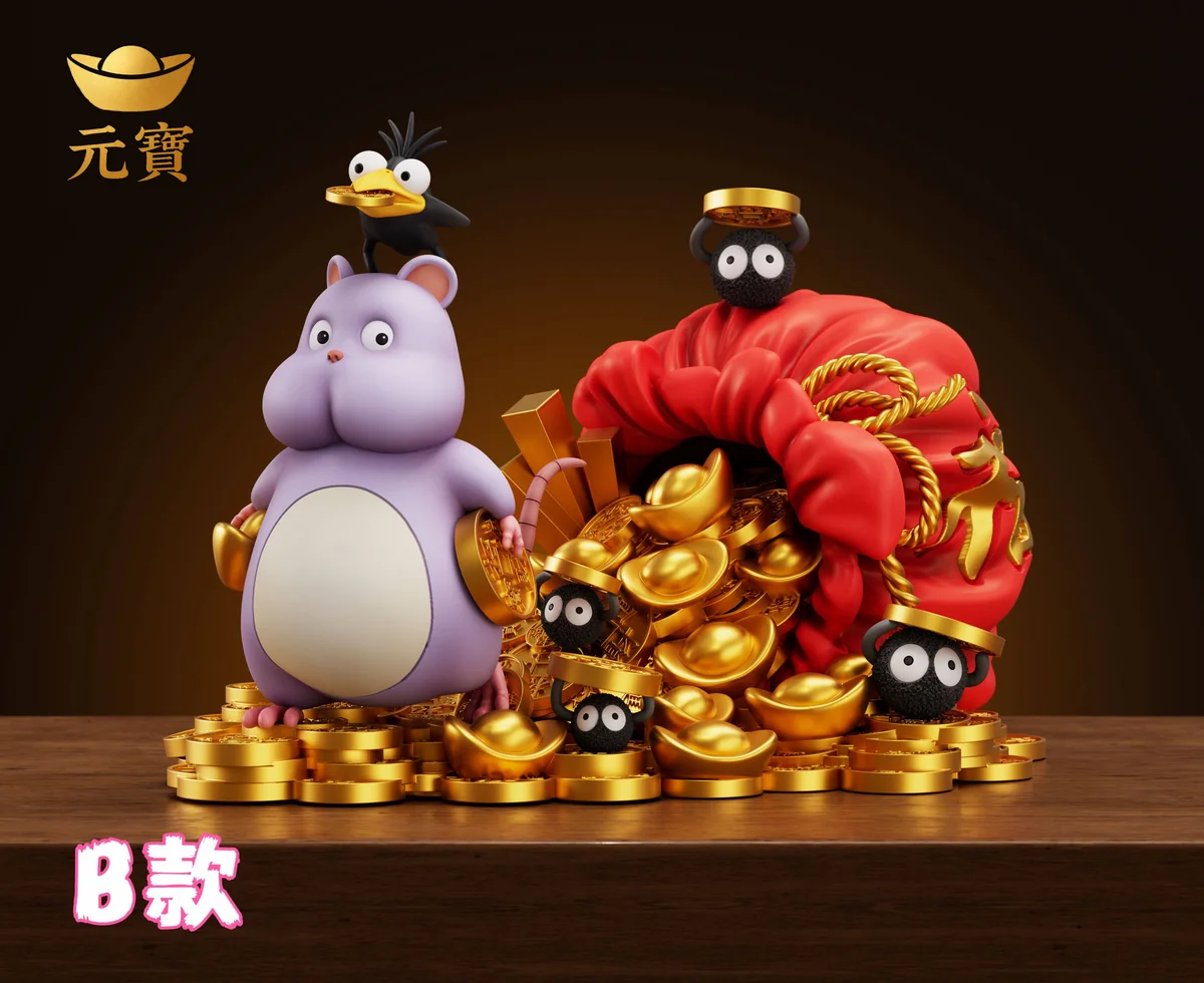 "Auspicious Treasure Rat Baby resin statue by Yuanbao-studio. Multi-angle views show the charming chubby rat, wealth symbols, and premium."
