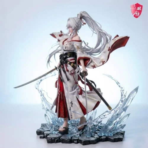 "Wuthering Waves Miko Koharu 1/6 & 1/4 scale resin statue by Po Fang Studio, showcasing dynamic pose, flowing garments, and intricate metal sword detail."