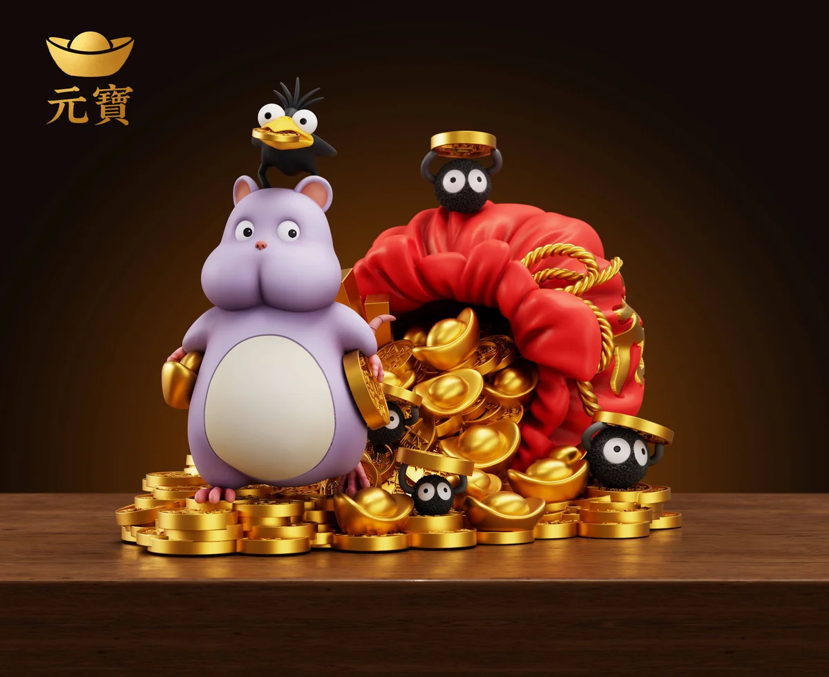 "Charming Auspicious Treasure Rat Baby Statue Variant A from Yuanbao-studio, a playful, chubby rat figure in premium resin, adorned."