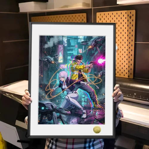 "Limited Edition Cyberpunk Edgerunners art print showcasing David and Lucy against a vibrant dystopian Night City backdrop."