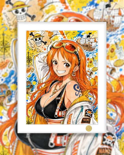 "Limited Edition Nami One Piece Art Print by H-TWO Studio, showcasing a vibrant, dynamic Nami in anime style, premium framed for display."