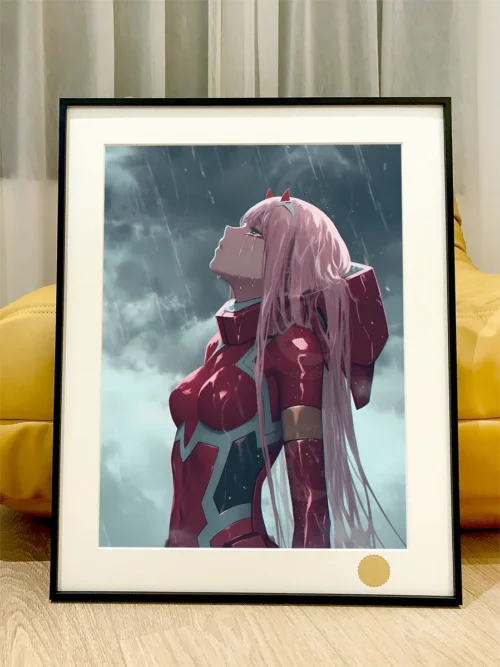 "Stunning Zero Two Art Print from DARLING in the FRANXX, a limited edition hand-numbered collector's piece featuring Zero Two in a serene, rainy."