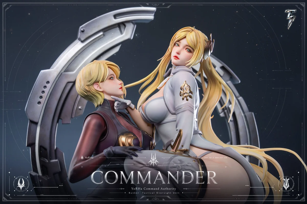 "Premium limited edition 1/4 scale NieR Automata Commander & Attendant resin statue, a dynamic high-end dual figure set with intricate sci-fi detail."