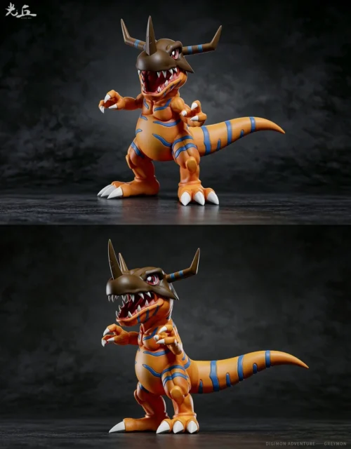 "Iconic Digimon Greymon resin statue gallery. Dynamic, battle-ready pose, fiery monster aesthetics. Intricate sculpted details from multiple angles."